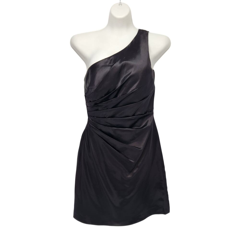 Bill Levkoff Black Satin One Shoulder Ruched Coctail Evening Mini Dress Women 6